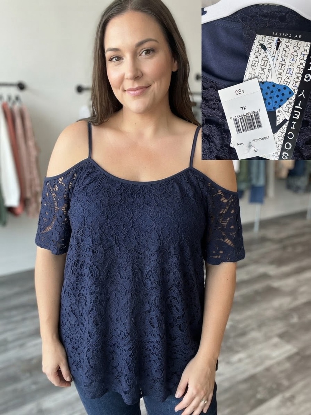 Society Girl Black Lace Cold-Shoulder Top with Spaghetti Straps NWT